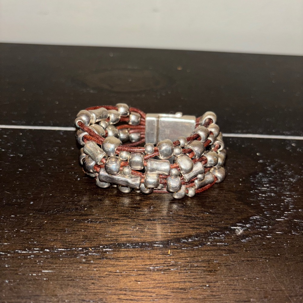 1 Para Mi | Leather and Silver Plated | Multi Strand‎ Bead Bracelet - Picture 2 of 6